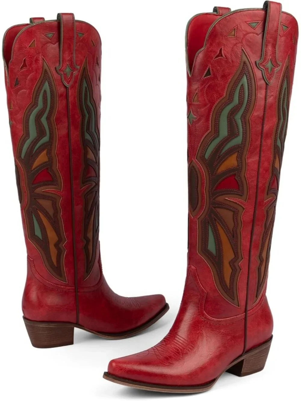 Women's Red Cowboy Knee High Chunky Heel Butterfly Cowgirl Boots Wide Calf
